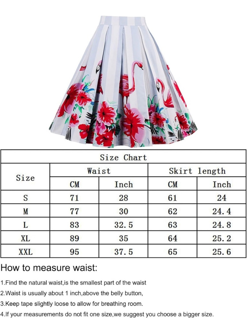 Striped Floral Flamingo Pleated A-Line Skirt - Medium - Picture 3 of 5